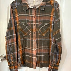 Free People Orange and Gray Plaid Casual Button Down Shirt